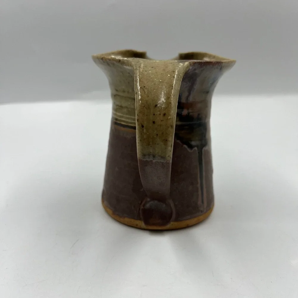 Vtg Handmade Stoneware Pitcher Brown Tan Drip Glaze Signed Studio Pottery